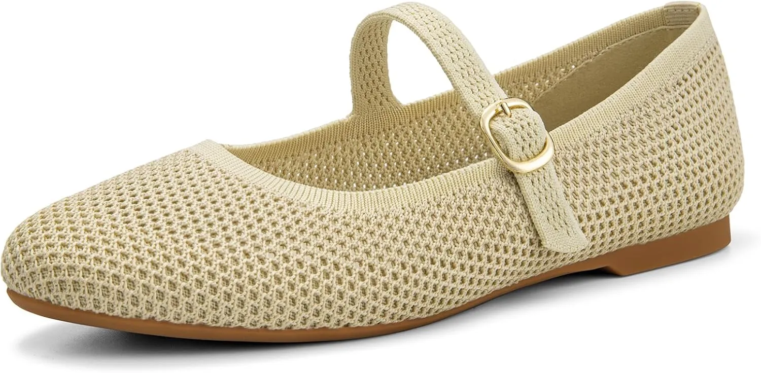 Tanamo Mary Jane Shoes Flats for Women Round Toe Shoes Ballet Flats Comfortable Dressy Adjustable Straps Casual Office Work Wedding Washable Knit Slip On