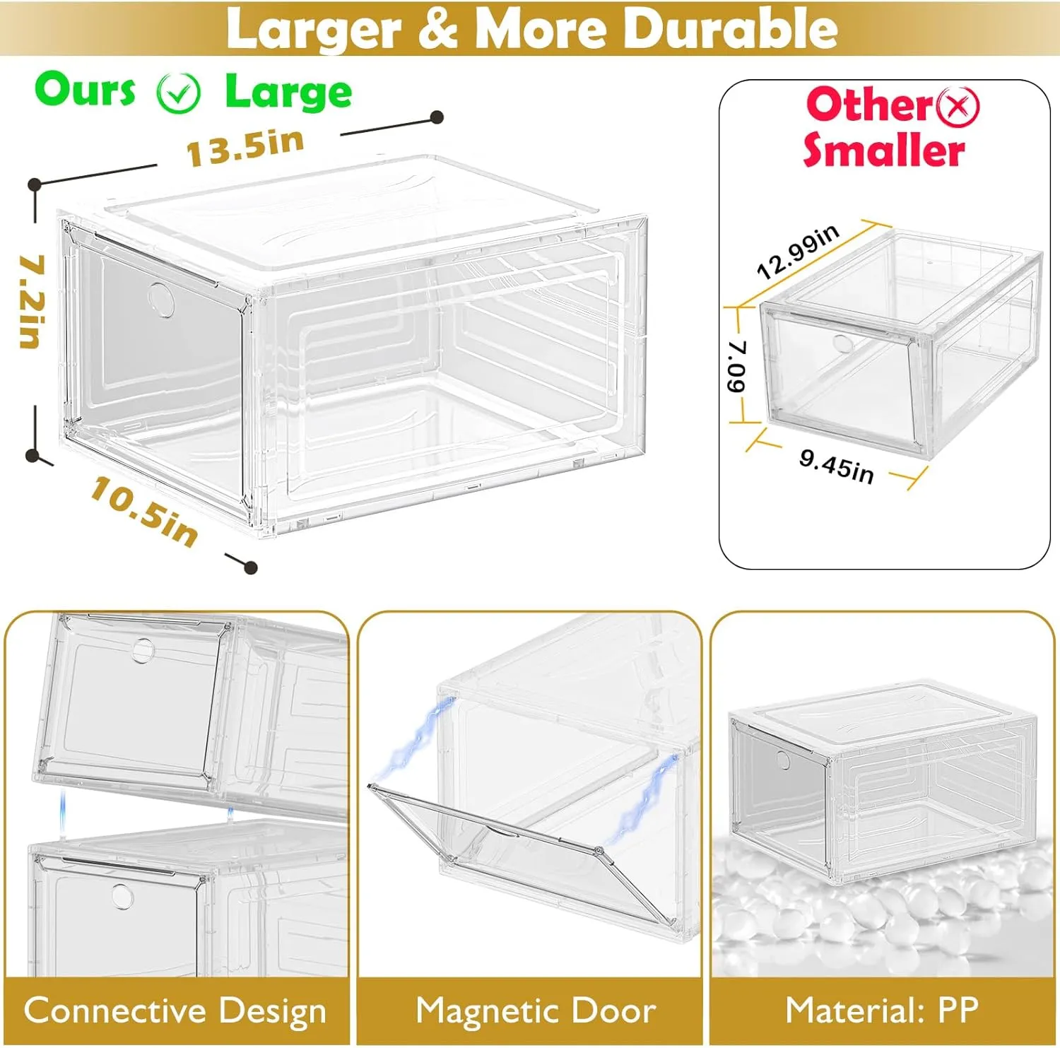 Thicken & Sturdy Clear Shoe Storage Organizer with Magnetic Door, Stackable Boxes for Closet, Foldable Space-Saving Shoe Rack for Sneaker Boot Container, Plastic Shoe Cabinet Shoe Box 6 Pack, White