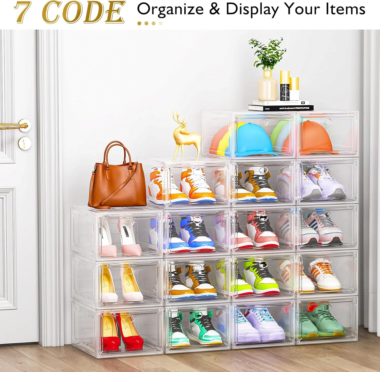 Thicken & Sturdy Clear Shoe Storage Organizer with Magnetic Door, Stackable Boxes for Closet, Foldable Space-Saving Shoe Rack for Sneaker Boot Container, Plastic Shoe Cabinet Shoe Box 6 Pack, White
