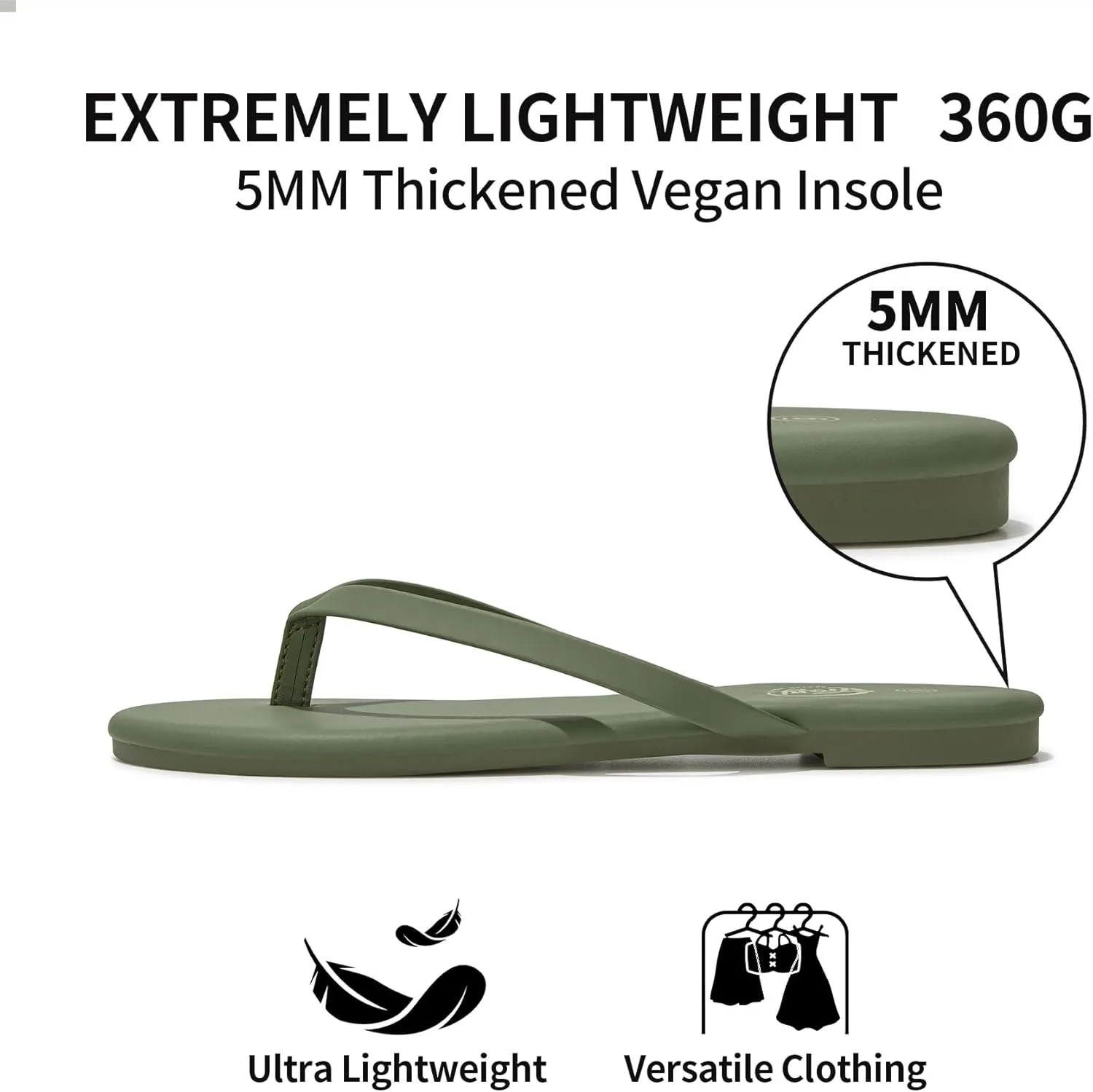 Trary Round Toe Memory Foam Sandals for Women, Vegan Leather Non-Slip Beach Pool Travel Flip Flops, Comfortable Summer Casual Shoes with 5mm Cushion