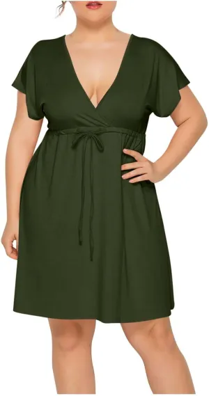 Trendy Ruffle Puff Sleeve Dresses for Women Sexy Deep V Neck with Belt Maxi Skirts Oversize Loose Comfy Dress Outside