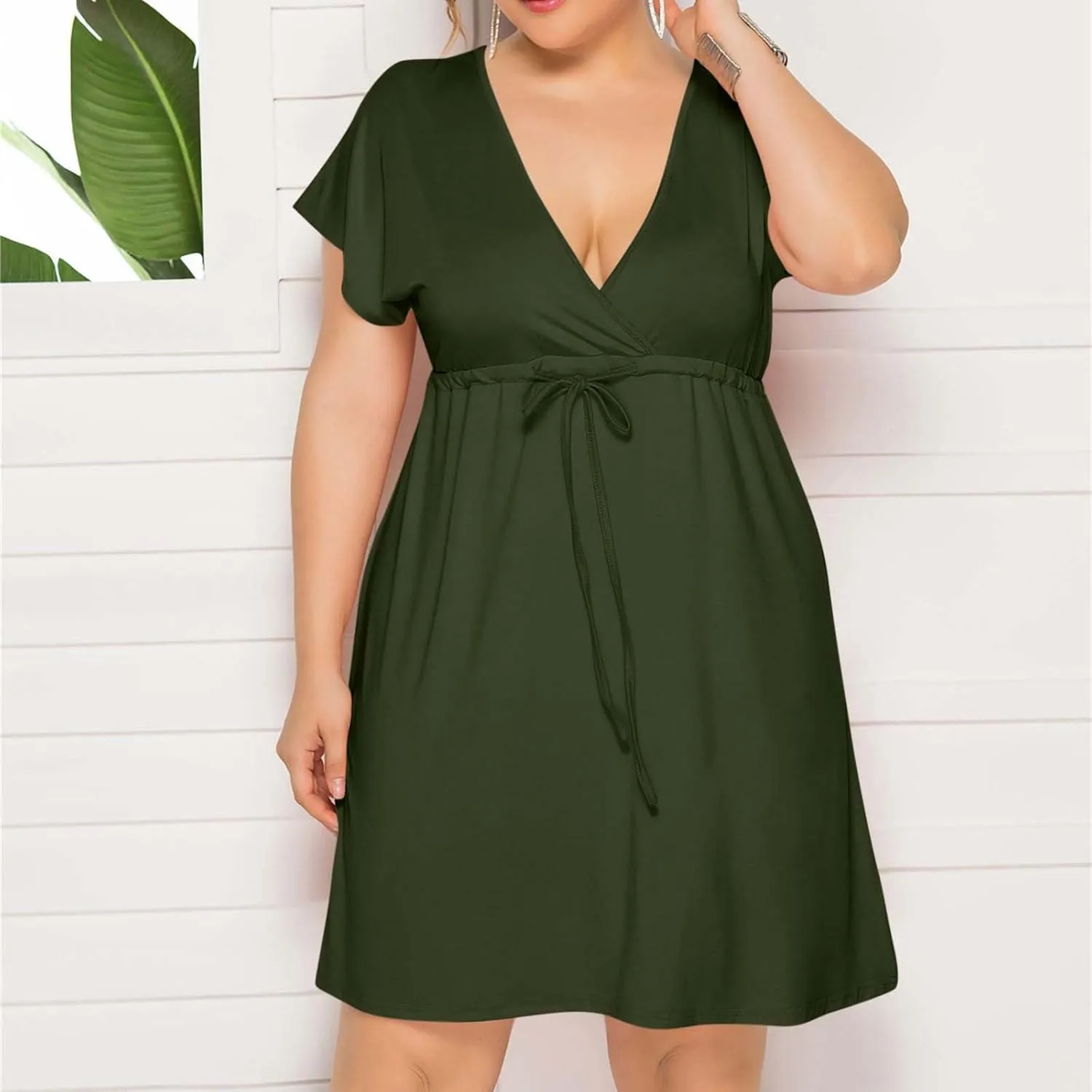 Trendy Ruffle Puff Sleeve Dresses for Women Sexy Deep V Neck with Belt Maxi Skirts Oversize Loose Comfy Dress Outside