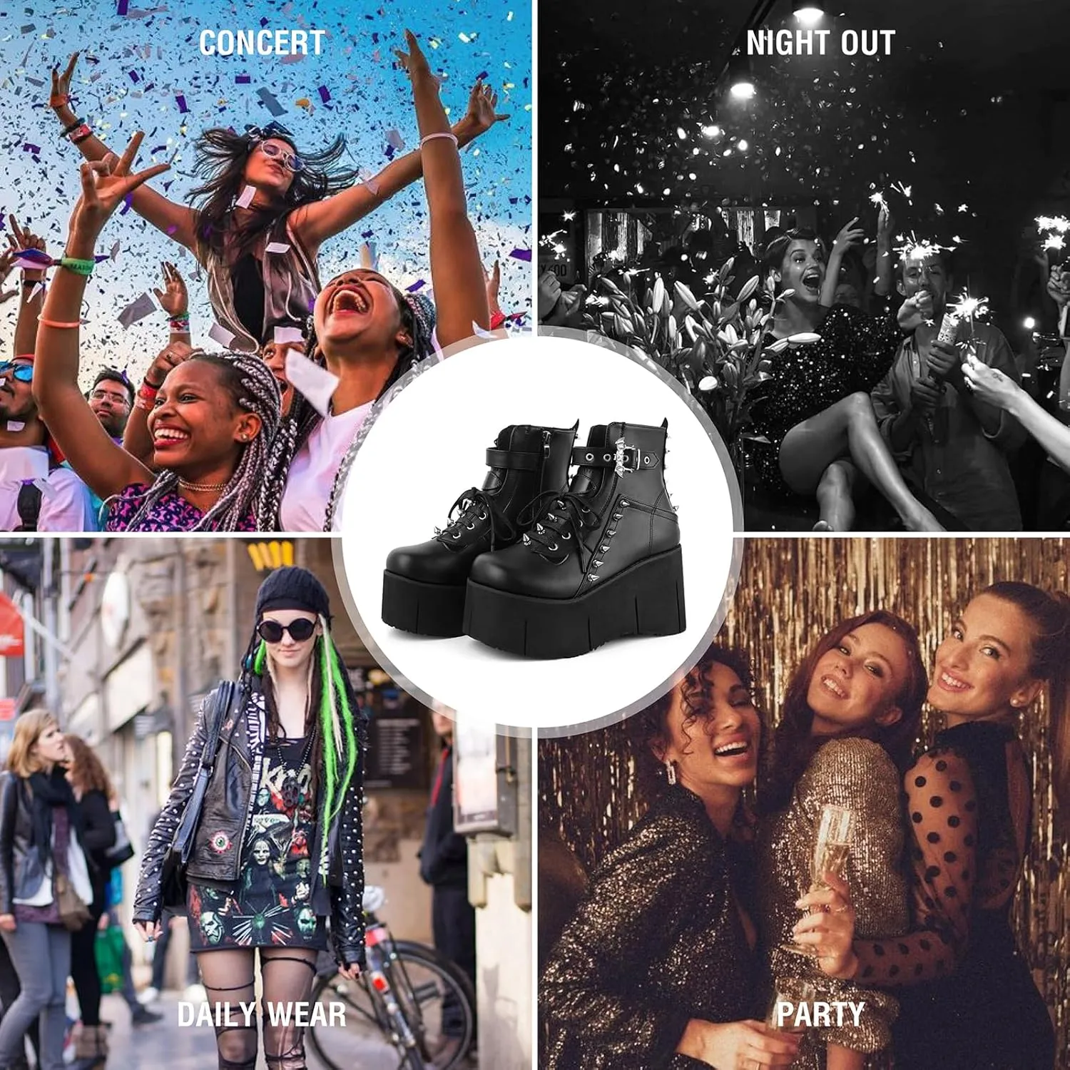 Tscoyuki Studs Platform Boots for Women Goth Rave Boots Round Toe Chunky Wedge Heel Combat Ankle Boot w/Side Zip Buckle Booties for Concert