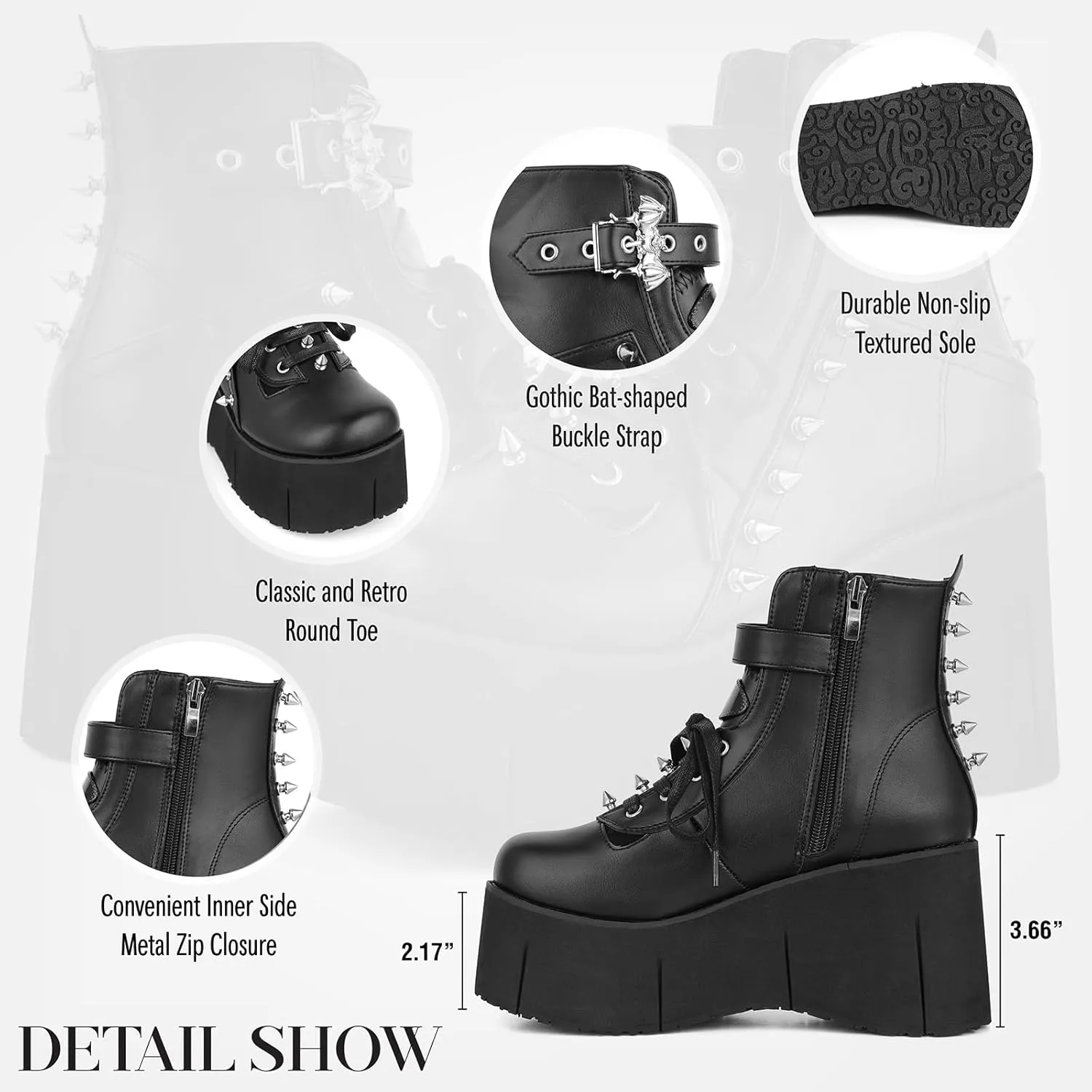 Tscoyuki Studs Platform Boots for Women Goth Rave Boots Round Toe Chunky Wedge Heel Combat Ankle Boot w/Side Zip Buckle Booties for Concert