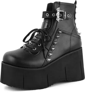 Tscoyuki Studs Platform Boots for Women Goth Rave Boots Round Toe Chunky Wedge Heel Combat Ankle Boot w/Side Zip Buckle Booties for Concert