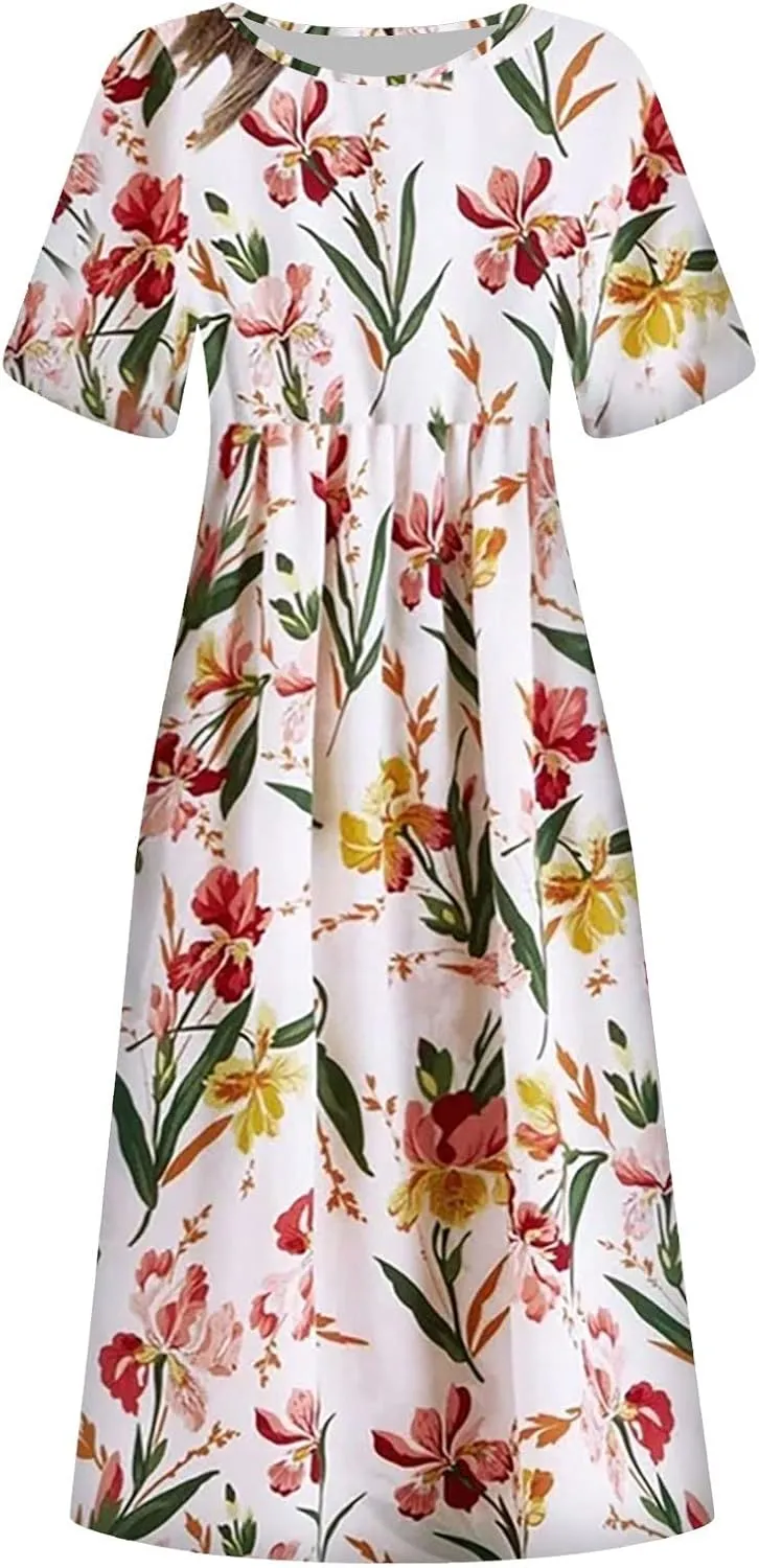Tshirt Dress for Women Casual Plus Size Summer Midi Dress Boho Floral Print Loose Flowy Long Dresses with Pockets