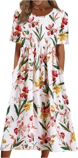 Tshirt Dress for Women Casual Plus Size Summer Midi Dress Boho Floral Print Loose Flowy Long Dresses with Pockets