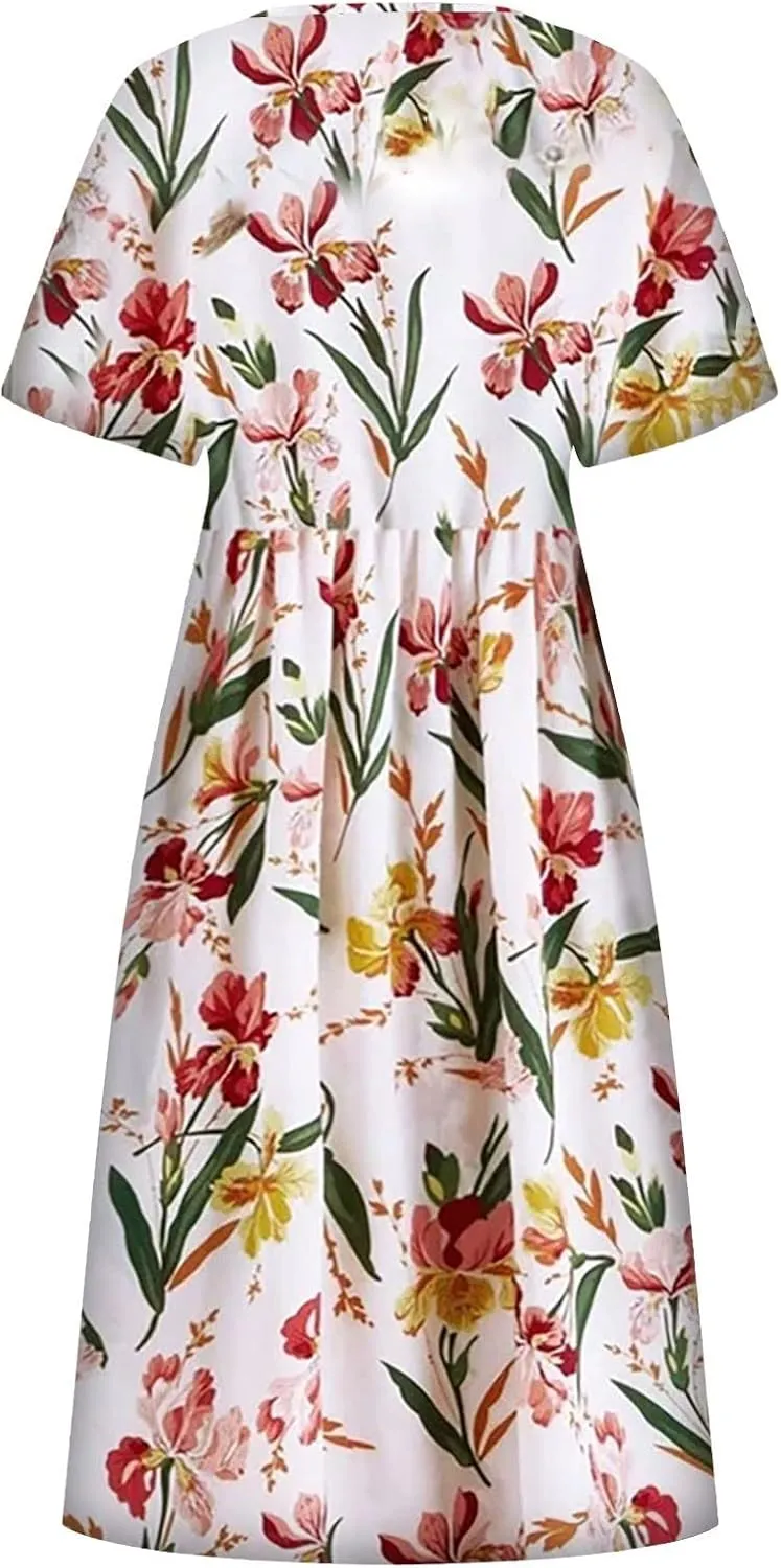 Tshirt Dress for Women Casual Plus Size Summer Midi Dress Boho Floral Print Loose Flowy Long Dresses with Pockets