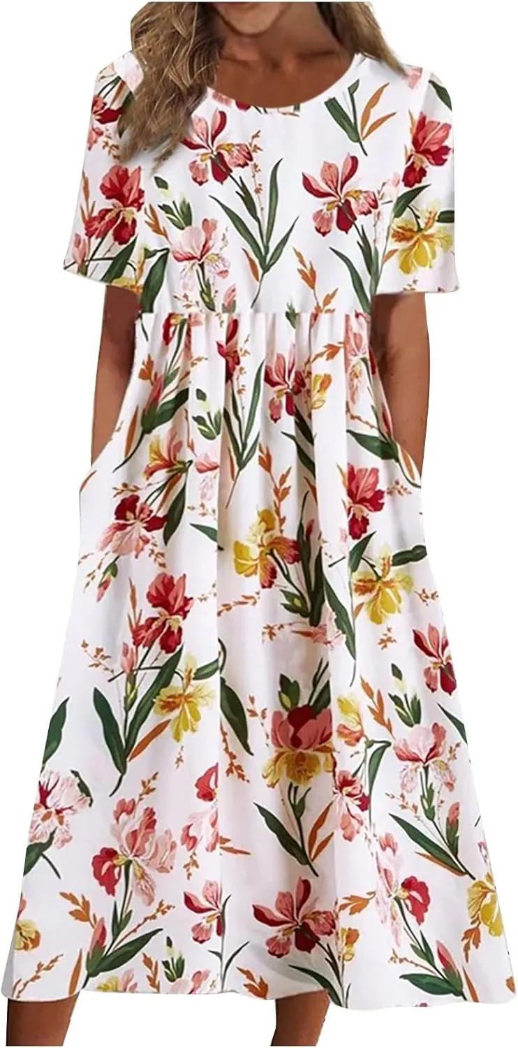 Tshirt Dress for Women Casual Plus Size Summer Midi Dress Boho Floral Print Loose Flowy Long Dresses with Pockets
