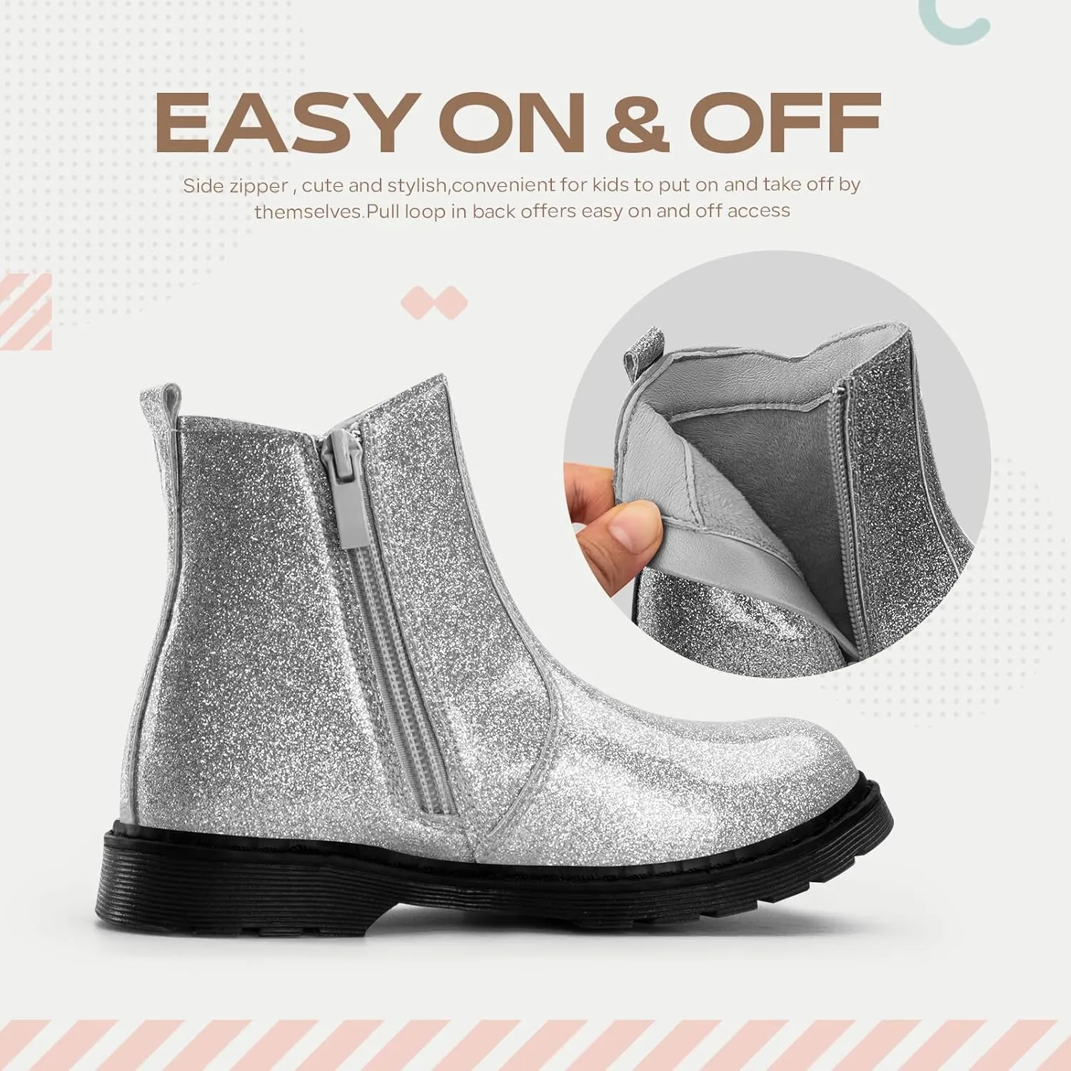 TZJS Girls Ankle Boots Girl's Glitter Chelsea Boot Kids Warm Low Heel Short Booties Girl Outdoor Shoes with Side Zipper for Toddler/Little Kid