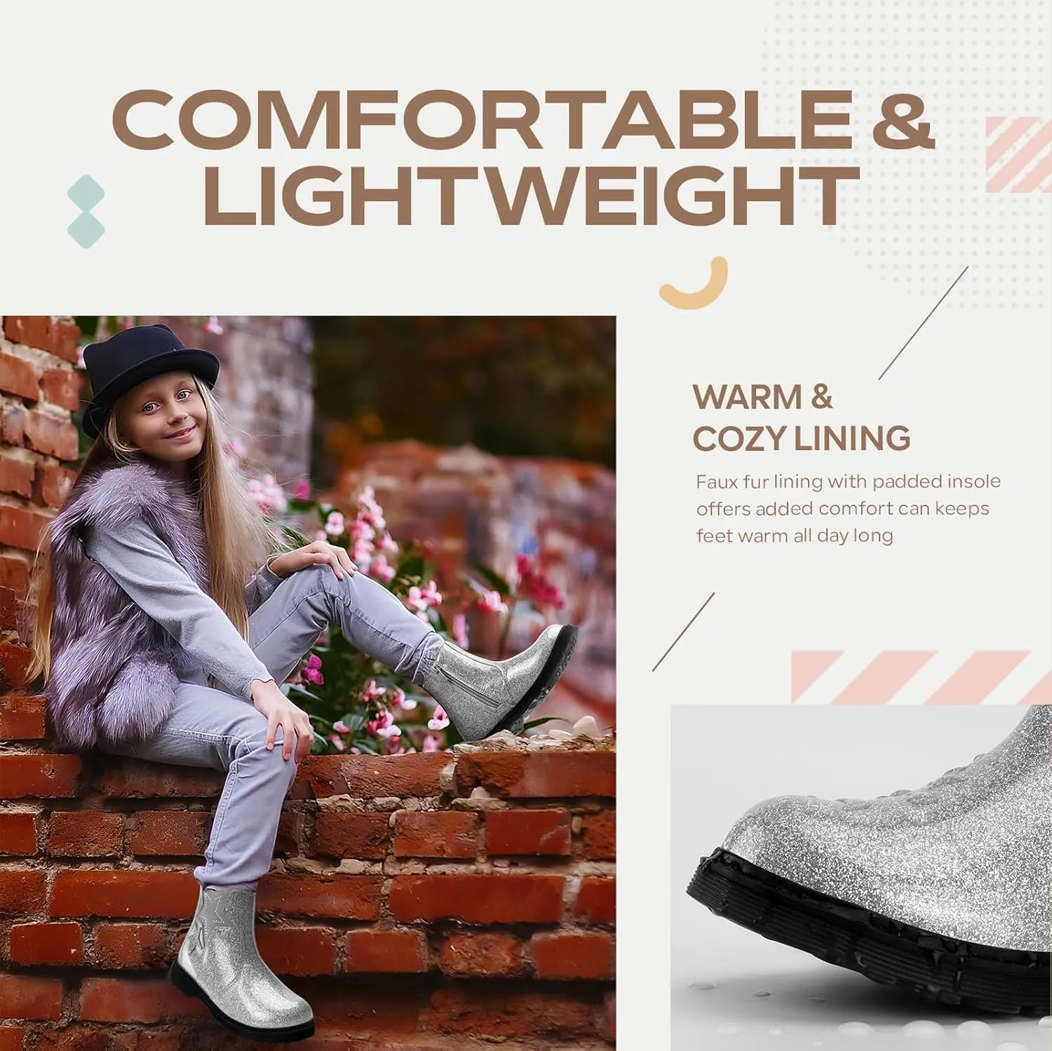 TZJS Girls Ankle Boots Girl's Glitter Chelsea Boot Kids Warm Low Heel Short Booties Girl Outdoor Shoes with Side Zipper for Toddler/Little Kid