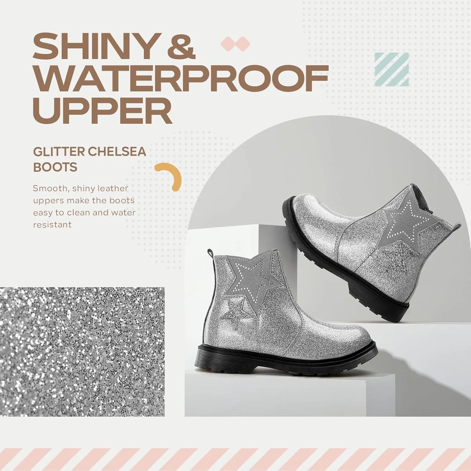 TZJS Girls Ankle Boots Girl's Glitter Chelsea Boot Kids Warm Low Heel Short Booties Girl Outdoor Shoes with Side Zipper for Toddler/Little Kid