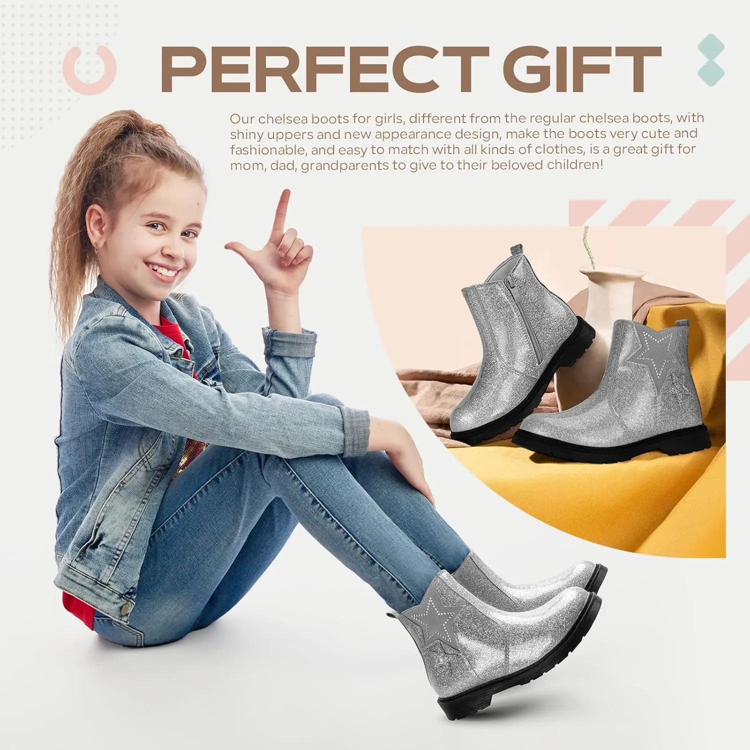 TZJS Girls Ankle Boots Girl's Glitter Chelsea Boot Kids Warm Low Heel Short Booties Girl Outdoor Shoes with Side Zipper for Toddler/Little Kid