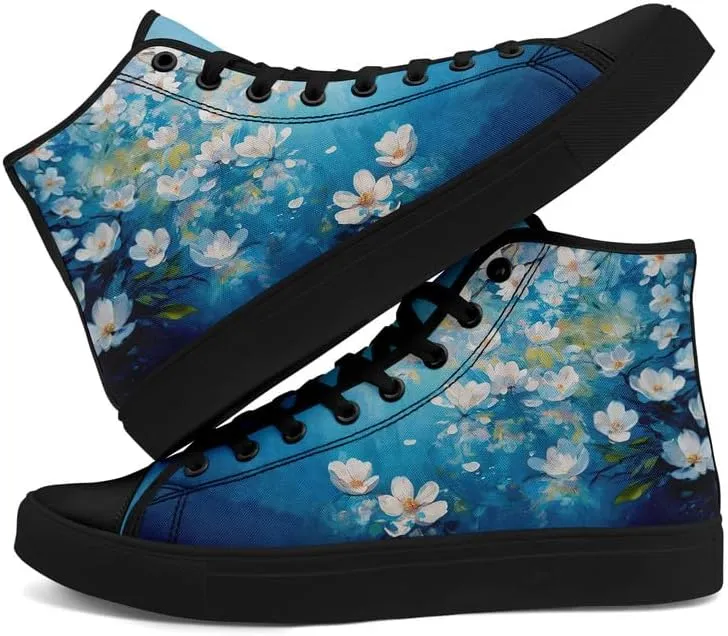 Unisex Fashion High Top Canvas Sneakers Lace-Up Floral Casual Shoes Breathable Walking Tennis Shoes Spring Summer Wear