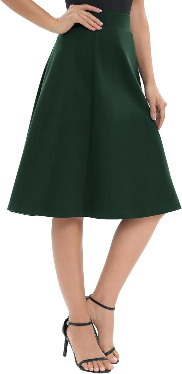 Urban CoCo Women's A-Line Elastic High Waist Flare Work Midi Knee Length Stretchy Skirt