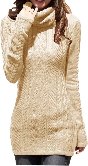 v28 Women Polo Neck Long Slim Fitted Dress Bodycon Turtleneck Cable Knit Sweater