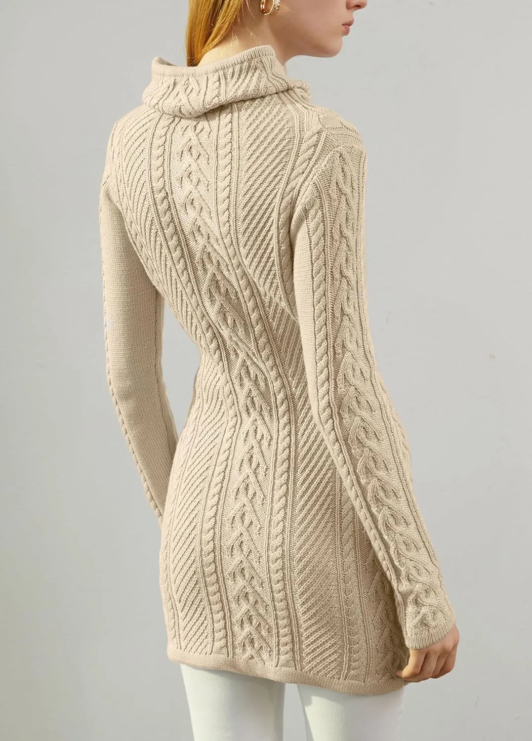 v28 Women Polo Neck Long Slim Fitted Dress Bodycon Turtleneck Cable Knit Sweater