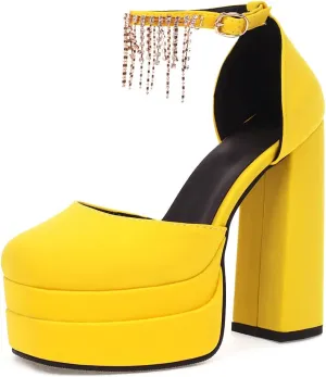 VARECOLA Women Fringe Silk Satin Platform Pumps Ankle Strap Chunky High Heels Dress Shoes