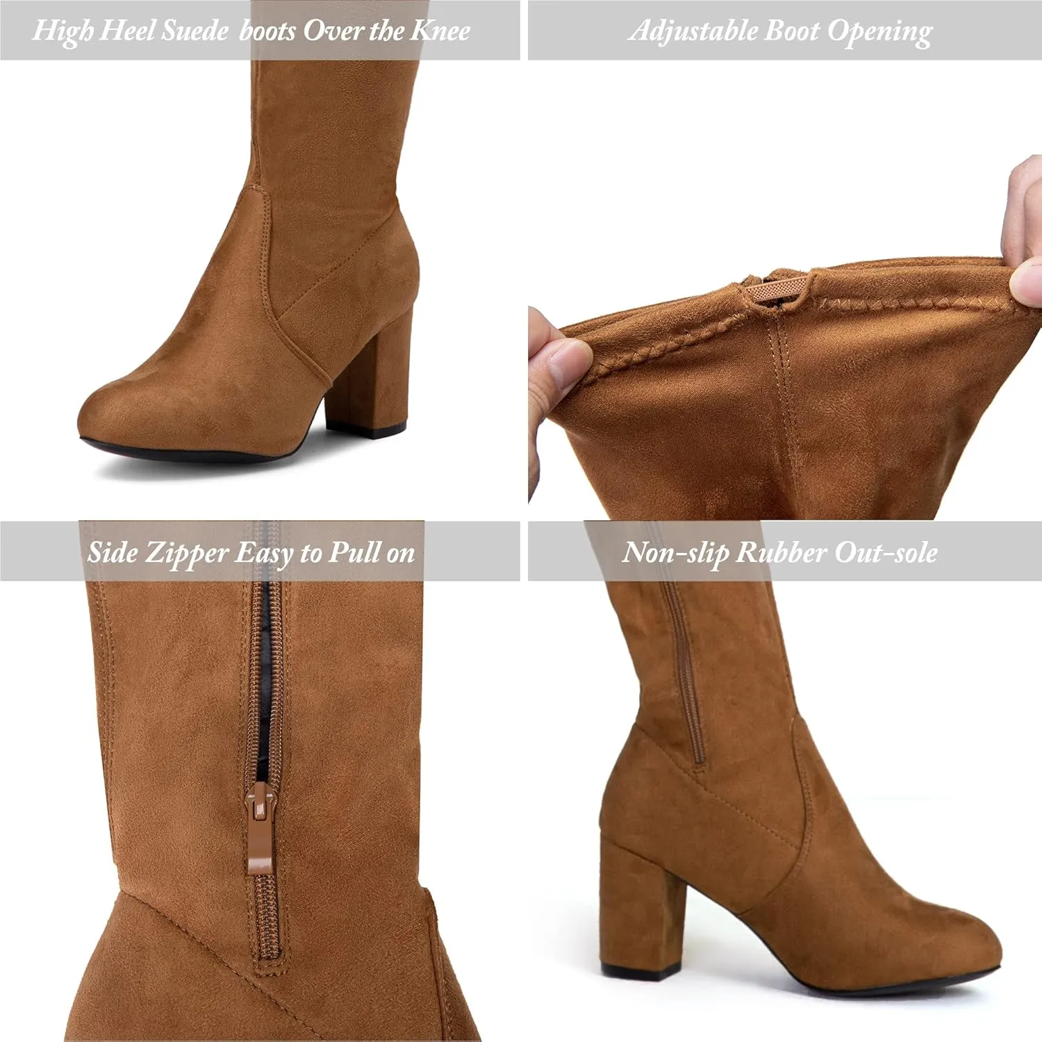 Vepose Women's Over The Knee High Boots Suede Thigh High Boot 3 Inch Chunky Heels Zipper Adjustable Opening Shoes