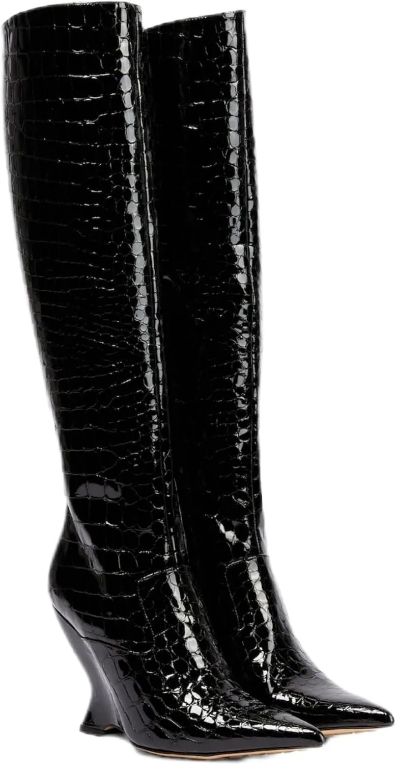Vertundy Women's High Heel Mid Calf Boots Western Cowboy Cowgirl Booties Sexy Pointed Toe Wide Calf Cowgirl Boots with Metal Buckle