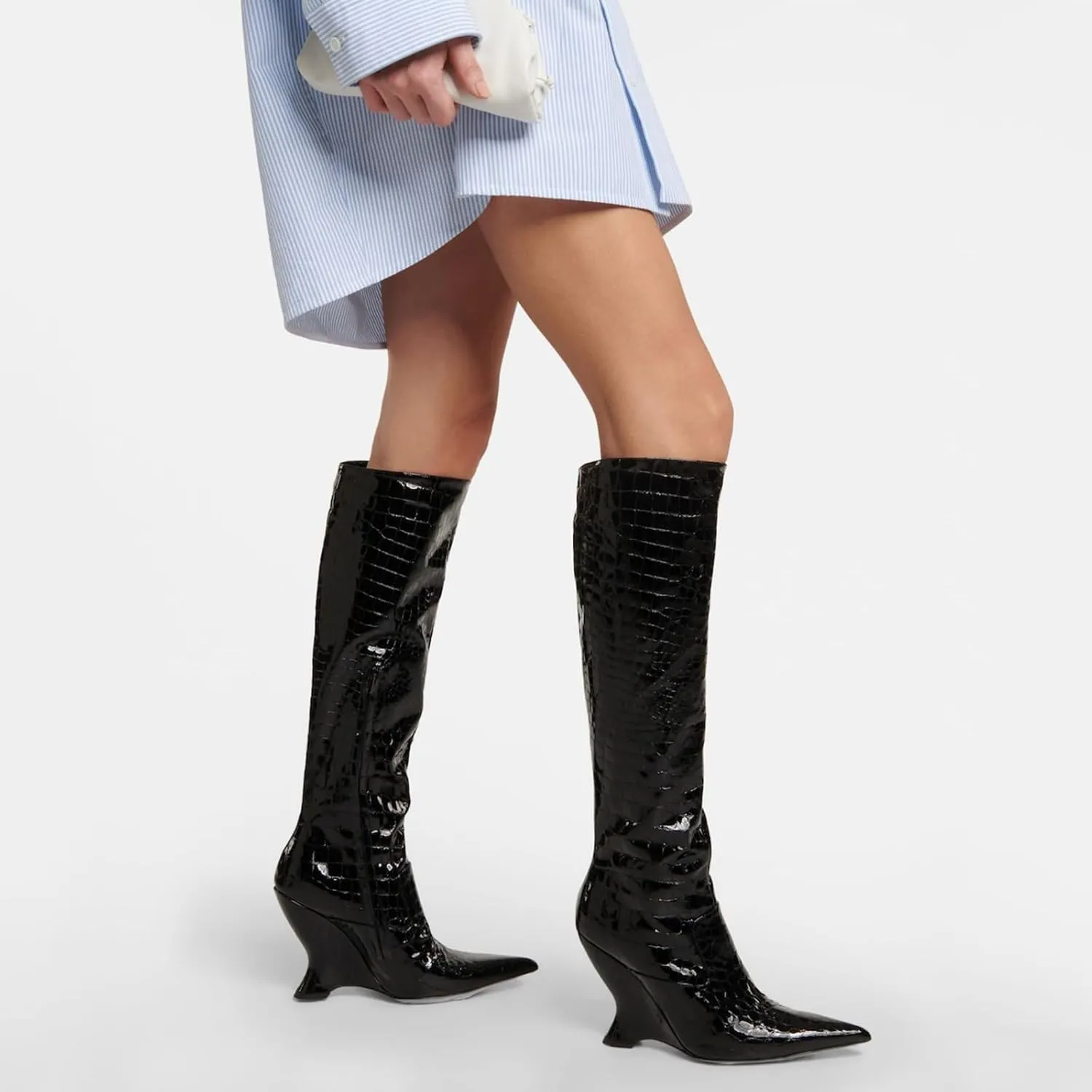 Vertundy Women's High Heel Mid Calf Boots Western Cowboy Cowgirl Booties Sexy Pointed Toe Wide Calf Cowgirl Boots with Metal Buckle