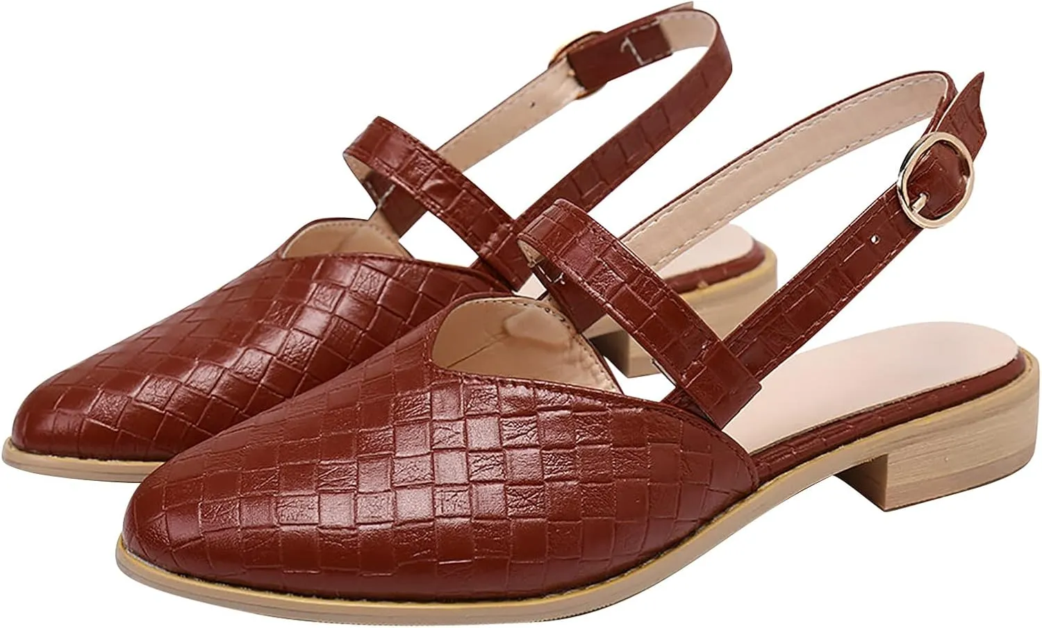 Weave Sandal for Women Fashion Pointed Toe Closed Toe Cutout Strap Buckle Low Heel Casual Shoes Summer Comfortable Flat Slides Mules Shoes