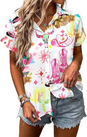 Western Shirt for Women Cowgirl Shirts Boho Graphic Button Down Country Concert Outfits Retro Cowboy Clothes Tops