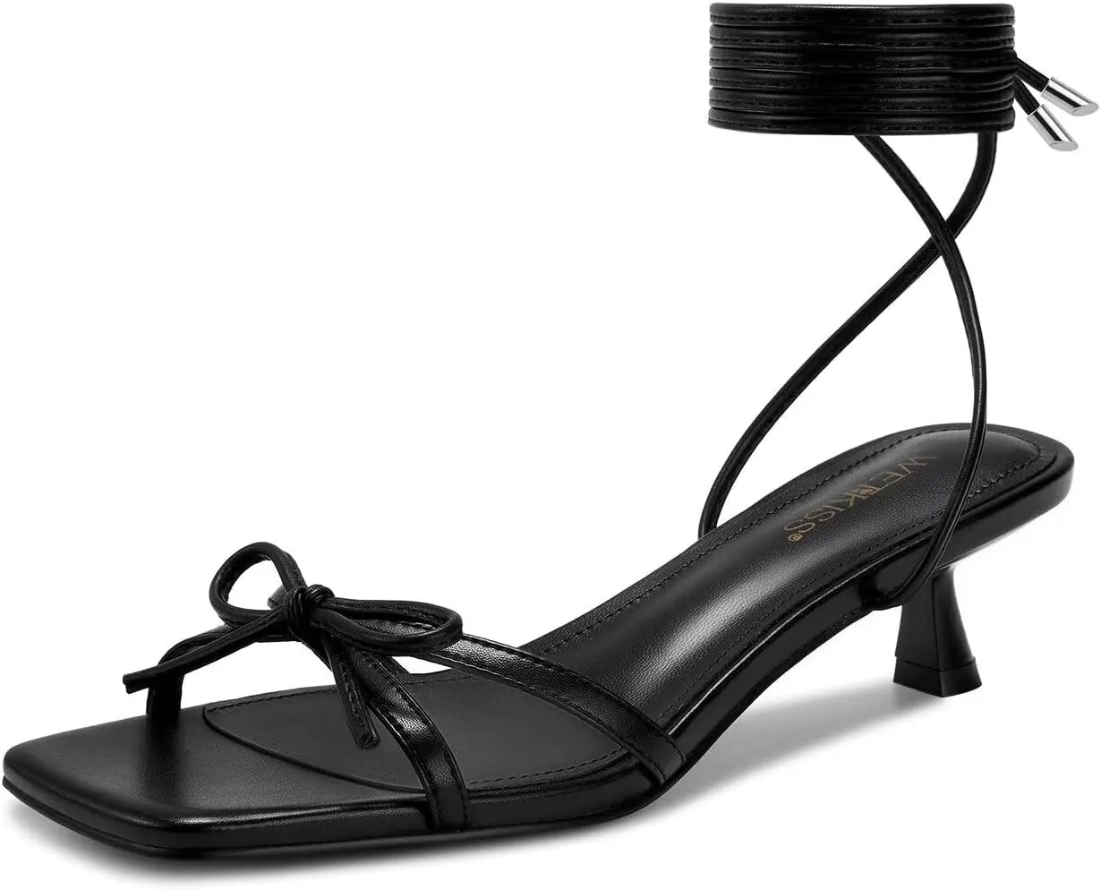 wetkiss Women's Lace up Bow Kitten Heeled Sandals Square Open Toe Heels Comfort Dress Wedding Party Shoes