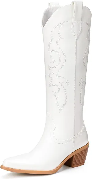 White Cowboy Boots for Women - Wide Calf Rhinestone Cowgirl Boots, Women Knee High Western Boots, Glitter Sparkly Ladies Tall Boots with Classic Embroidery and Side Zipper, Retro Classic Country Boots Pull On for Ladies