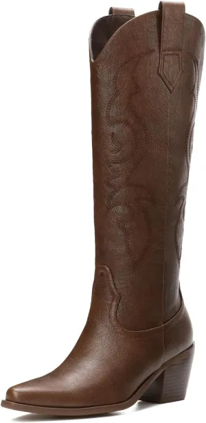 White Cowboy Boots for Women - Wide Calf Rhinestone Cowgirl Boots, Women Knee High Western Boots, Glitter Sparkly Ladies Tall Boots with Classic Embroidery and Side Zipper, Retro Classic Country Boots Pull On for Ladies