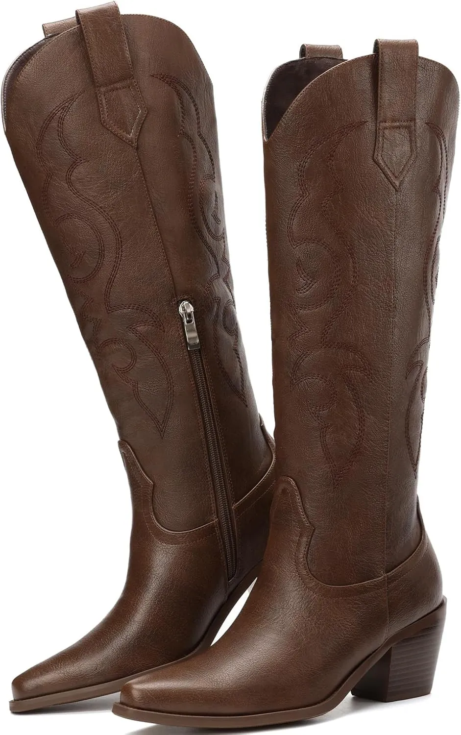 White Cowboy Boots for Women - Wide Calf Rhinestone Cowgirl Boots, Women Knee High Western Boots, Glitter Sparkly Ladies Tall Boots with Classic Embroidery and Side Zipper, Retro Classic Country Boots Pull On for Ladies