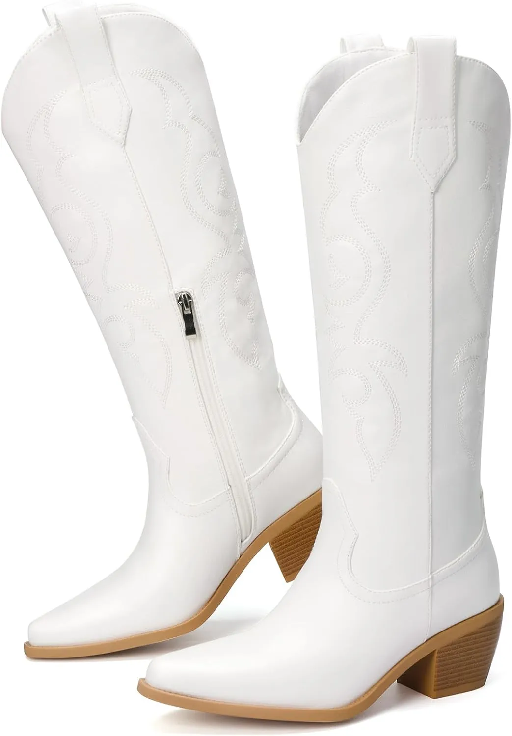 White Cowboy Boots for Women - Wide Calf Rhinestone Cowgirl Boots, Women Knee High Western Boots, Glitter Sparkly Ladies Tall Boots with Classic Embroidery and Side Zipper, Retro Classic Country Boots Pull On for Ladies