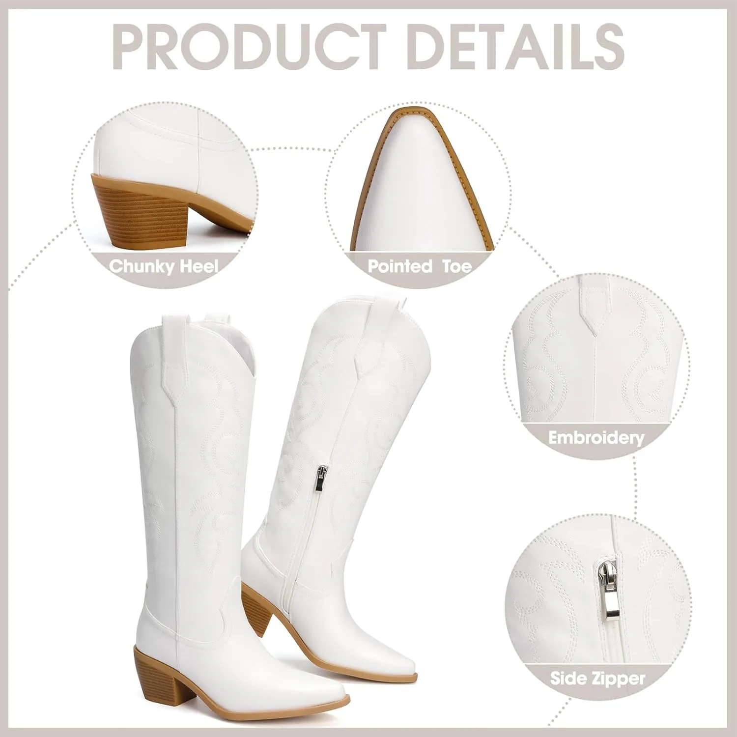 White Cowboy Boots for Women - Wide Calf Rhinestone Cowgirl Boots, Women Knee High Western Boots, Glitter Sparkly Ladies Tall Boots with Classic Embroidery and Side Zipper, Retro Classic Country Boots Pull On for Ladies