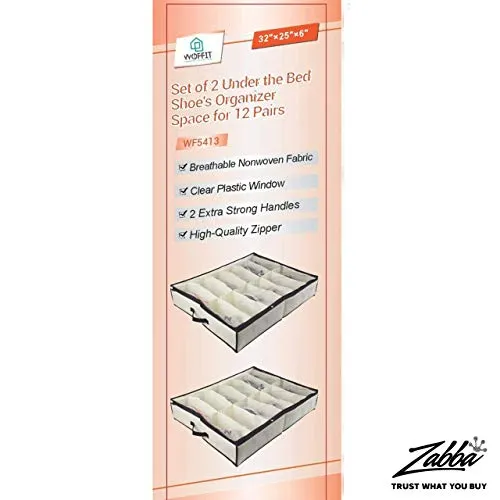 Woffit Under The Bed Shoe Organizer Fits 12 Pairs – Made with Sturdy & Breathable Materials – Set of 2 Underbed Storage Solution for Kids & Adults (Men & Women) Shoes
