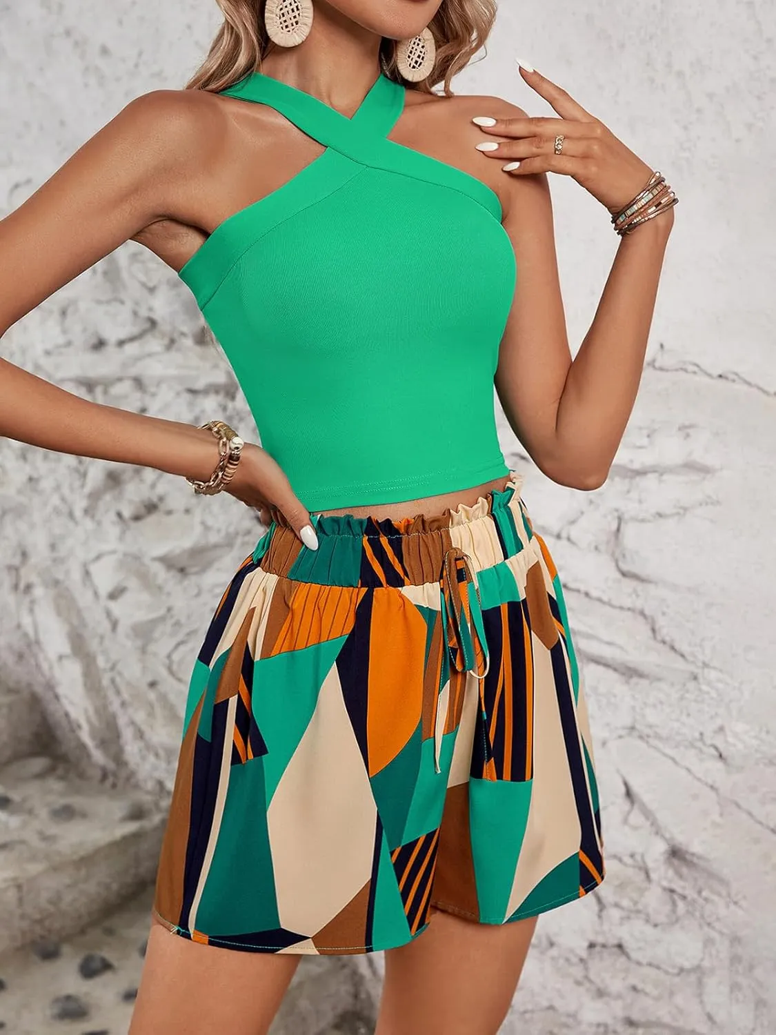 Women 2 Piece Outfits Sets Summer Casual Cross Halter Top & Elastic Waist Boho Shorts with Pockets M638