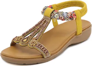 Women Bohemian Sandals T-Strap Beaded Flat Sandals Comfortable Open Toe Elastic Ankle Strap Sandals Summer Beach Shoes