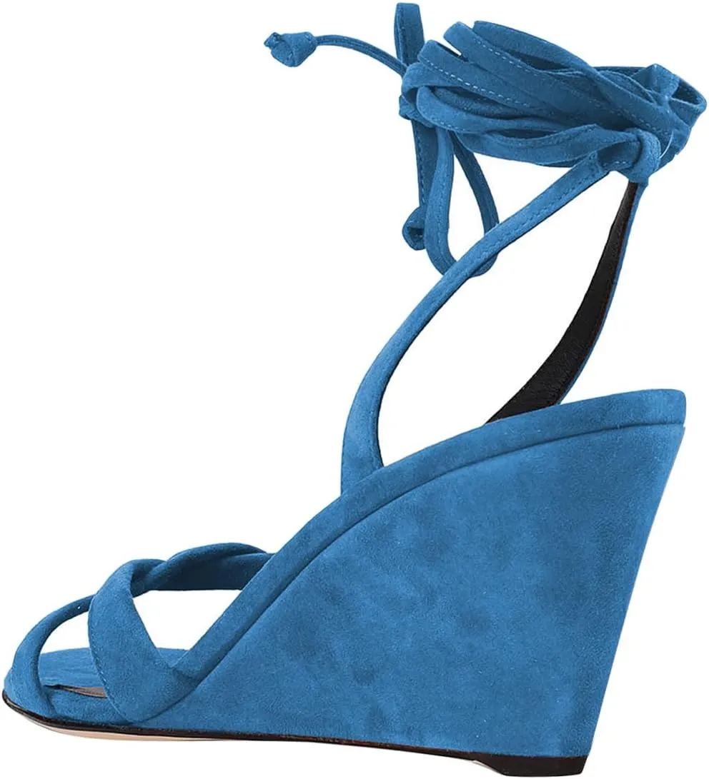 Women Fashion Strappy Ankle Strap Sandals Open Almond Toe Lace up High Heel Wedges Casual Party Club Summer Shoes Size 4-16 US