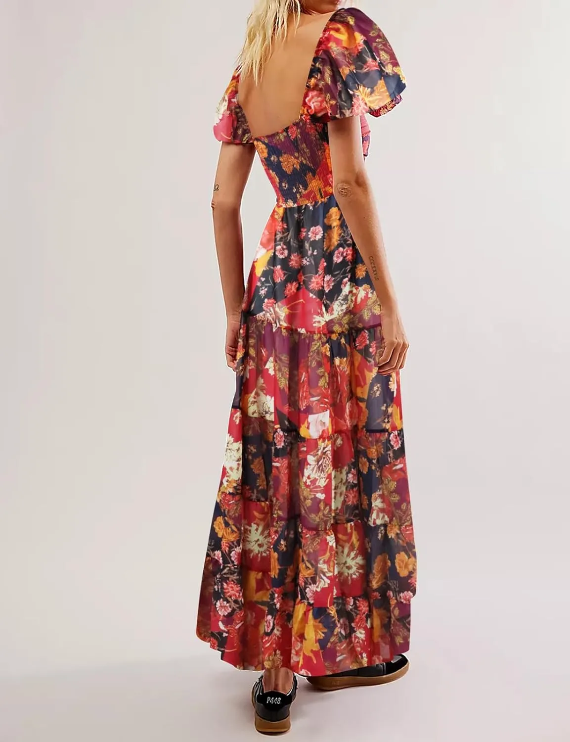 Women Floral Maxi Dress Short Puff Sleeve V Neck Bohemian Flowy Dress Smocked Casual Spring Summer Dresses