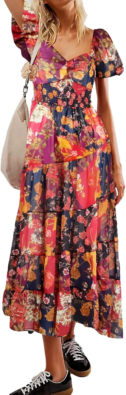 Women Floral Maxi Dress Short Puff Sleeve V Neck Bohemian Flowy Dress Smocked Casual Spring Summer Dresses