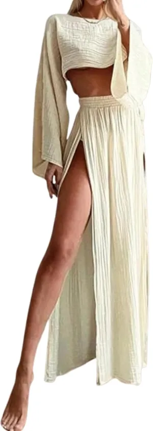 Women Linen Two Piece Sets Outfit Sexy Long Sleeve Crop Top High Waist Skirt Maxi Dress Going Out Beachwear