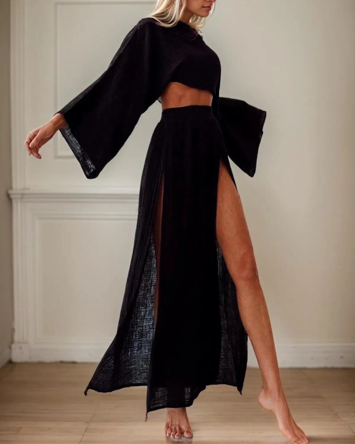 Women Linen Two Piece Sets Outfit Sexy Long Sleeve Crop Top High Waist Skirt Maxi Dress Going Out Beachwear