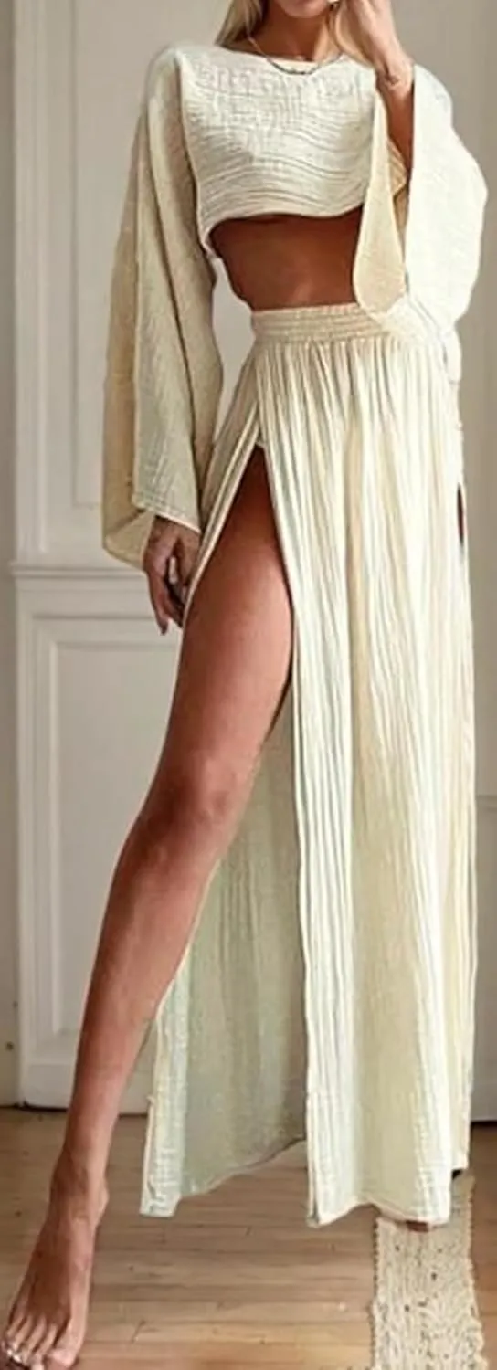 Women Linen Two Piece Sets Outfit Sexy Long Sleeve Crop Top High Waist Skirt Maxi Dress Going Out Beachwear