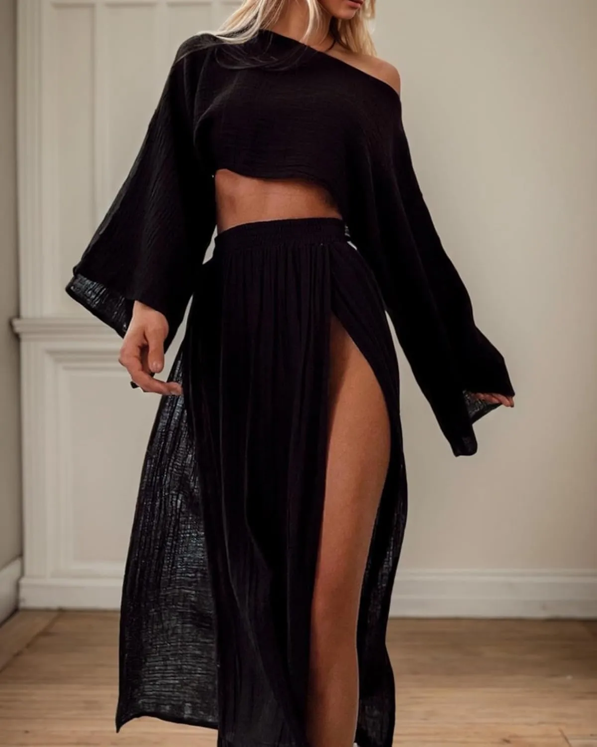 Women Linen Two Piece Sets Outfit Sexy Long Sleeve Crop Top High Waist Skirt Maxi Dress Going Out Beachwear