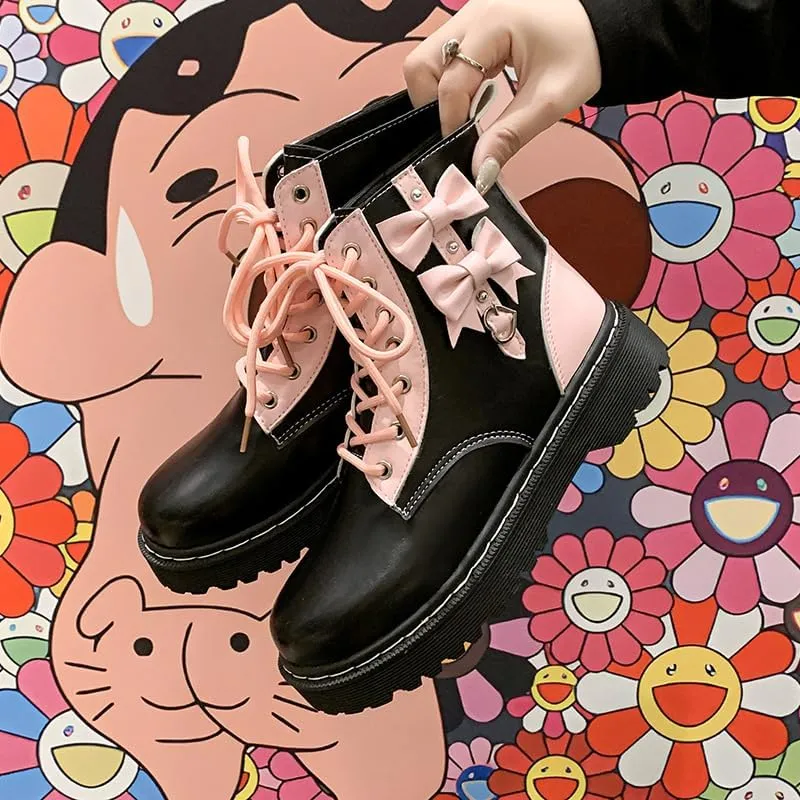 Women Platform Goth Boots Chunky Heel Punk Rave Boots Lace Up Combat Booties Round Toe Booties Shoes Cute Lolita Shoes