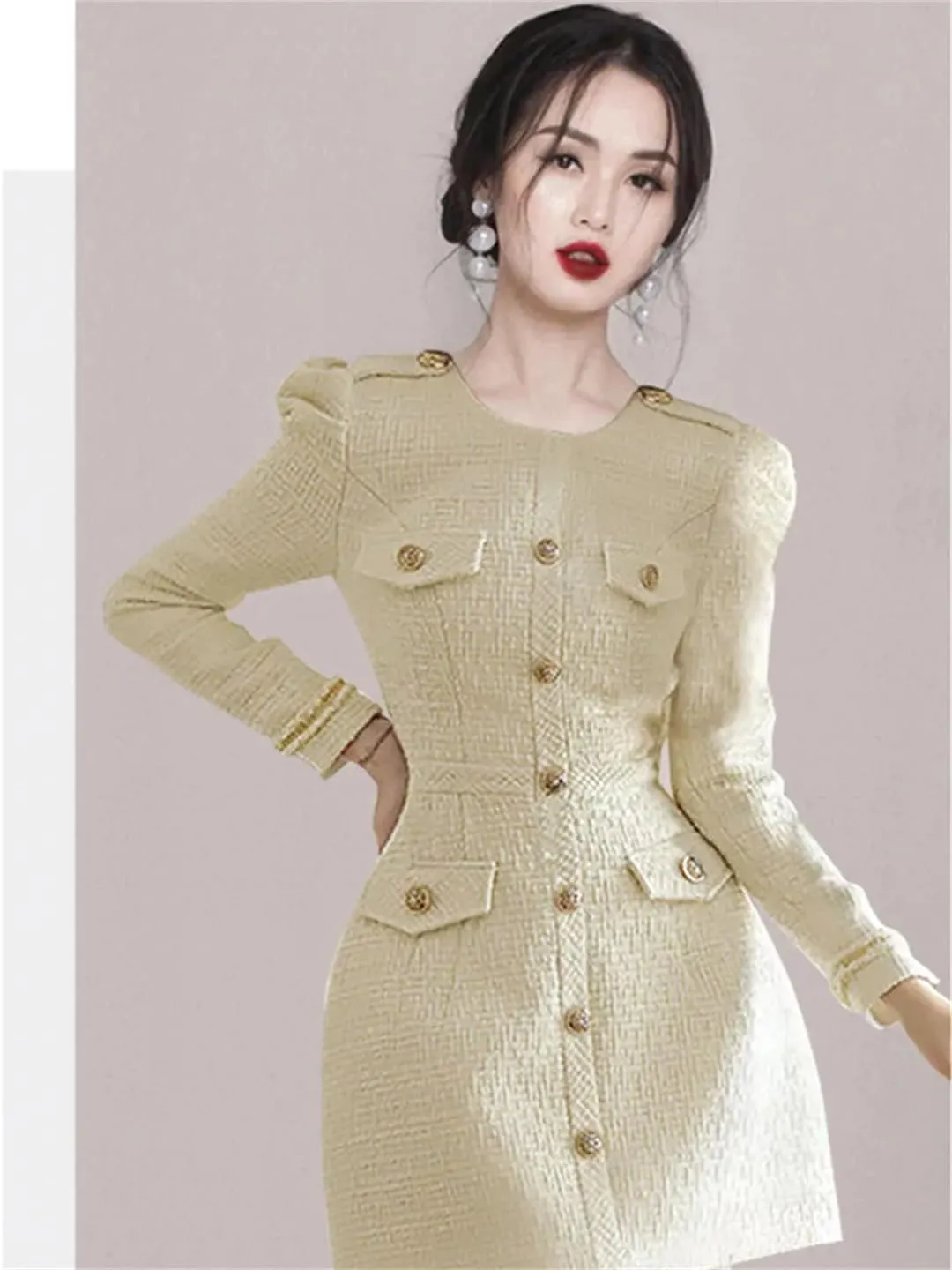 Women Runway Small Fragrance Tweed Dress O-Neck Button Celebrity Slim Woolen Dress