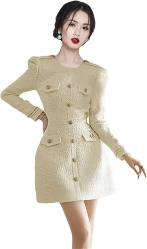 Women Runway Small Fragrance Tweed Dress O-Neck Button Celebrity Slim Woolen Dress