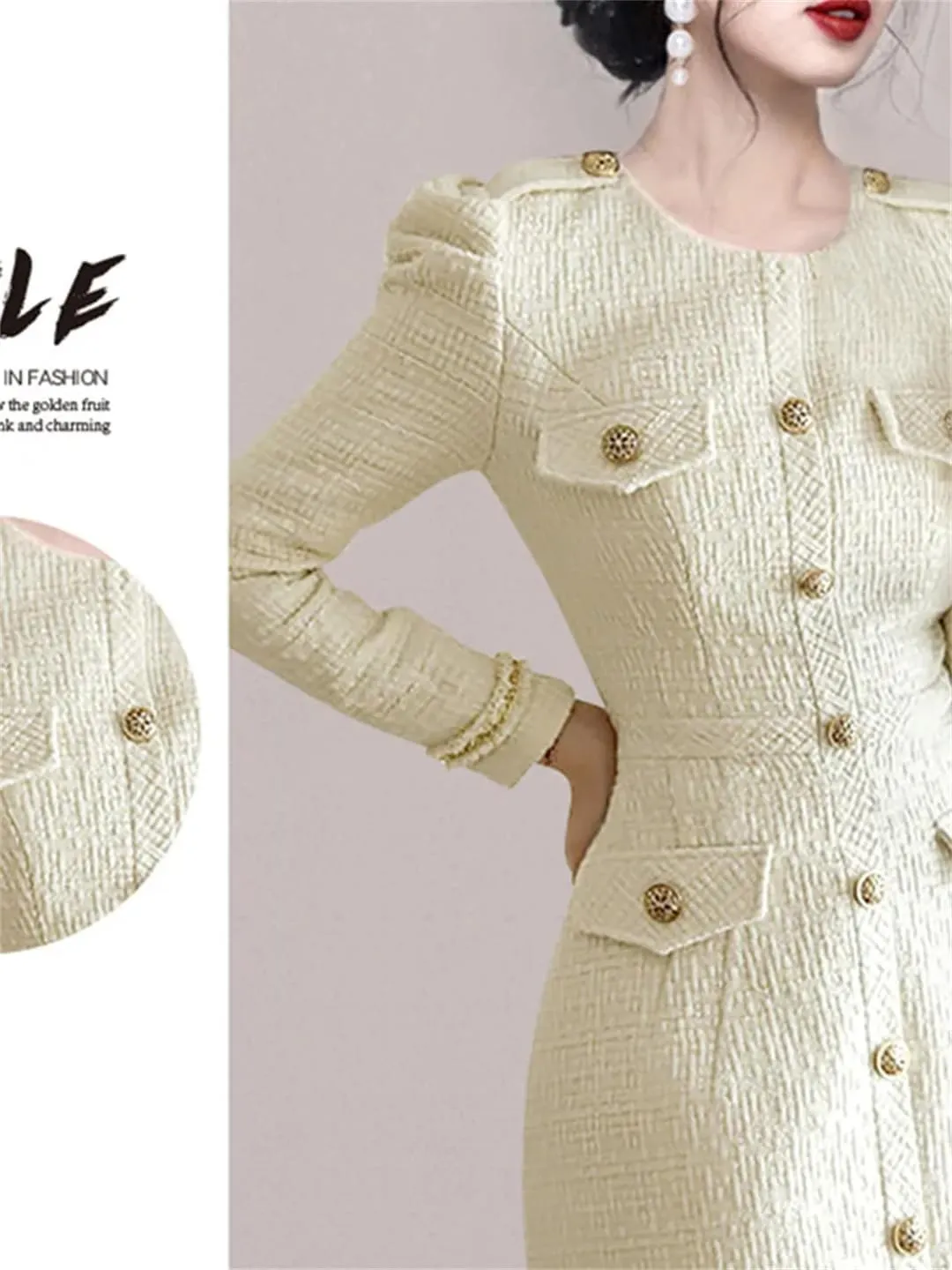 Women Runway Small Fragrance Tweed Dress O-Neck Button Celebrity Slim Woolen Dress