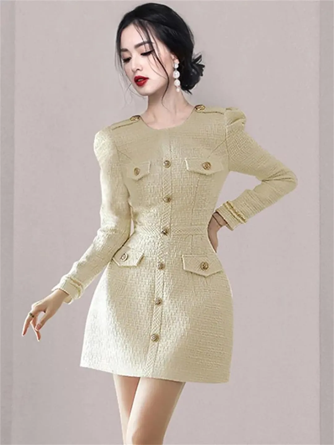 Women Runway Small Fragrance Tweed Dress O-Neck Button Celebrity Slim Woolen Dress