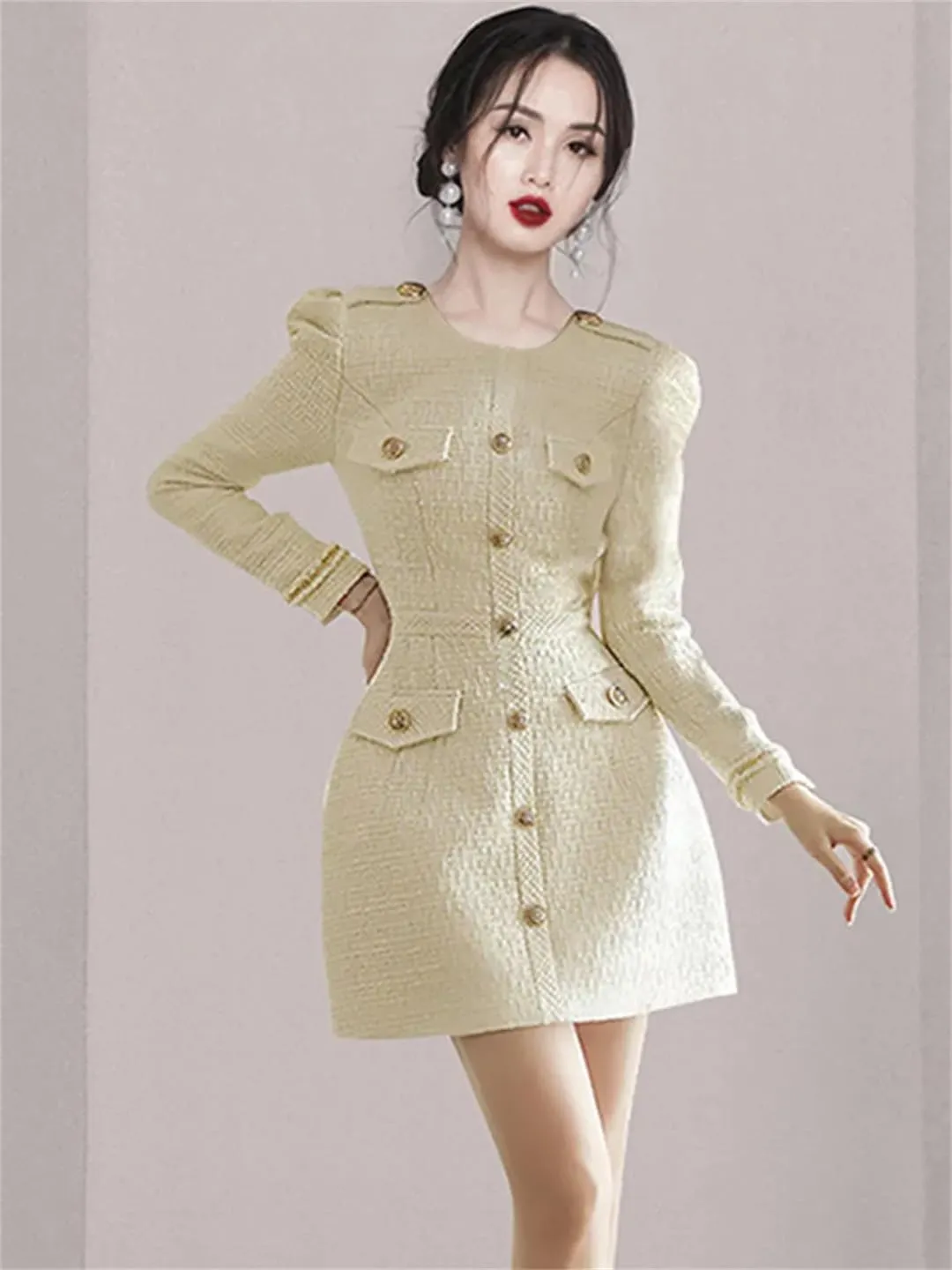 Women Runway Small Fragrance Tweed Dress O-Neck Button Celebrity Slim Woolen Dress
