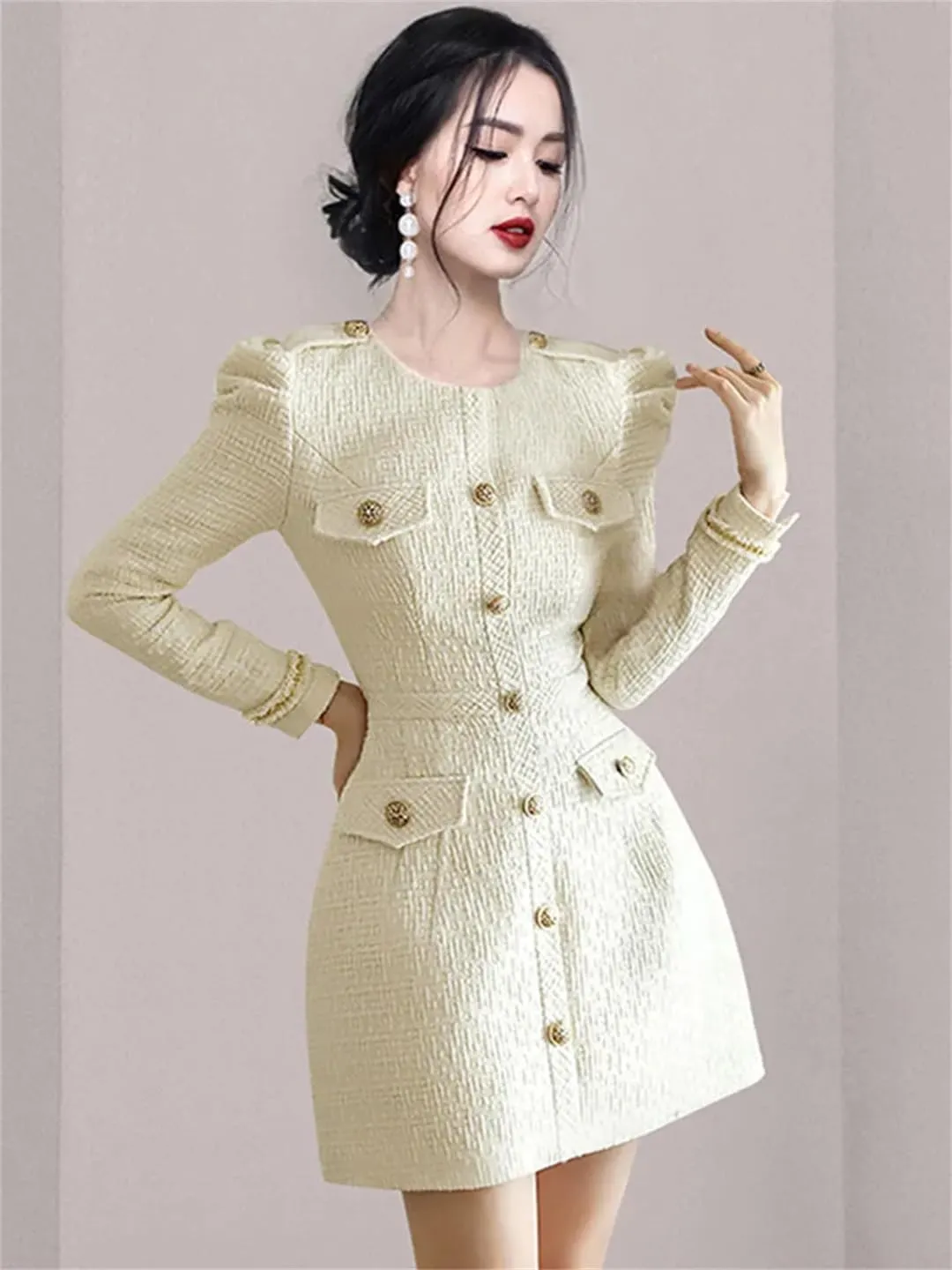 Women Runway Small Fragrance Tweed Dress O-Neck Button Celebrity Slim Woolen Dress